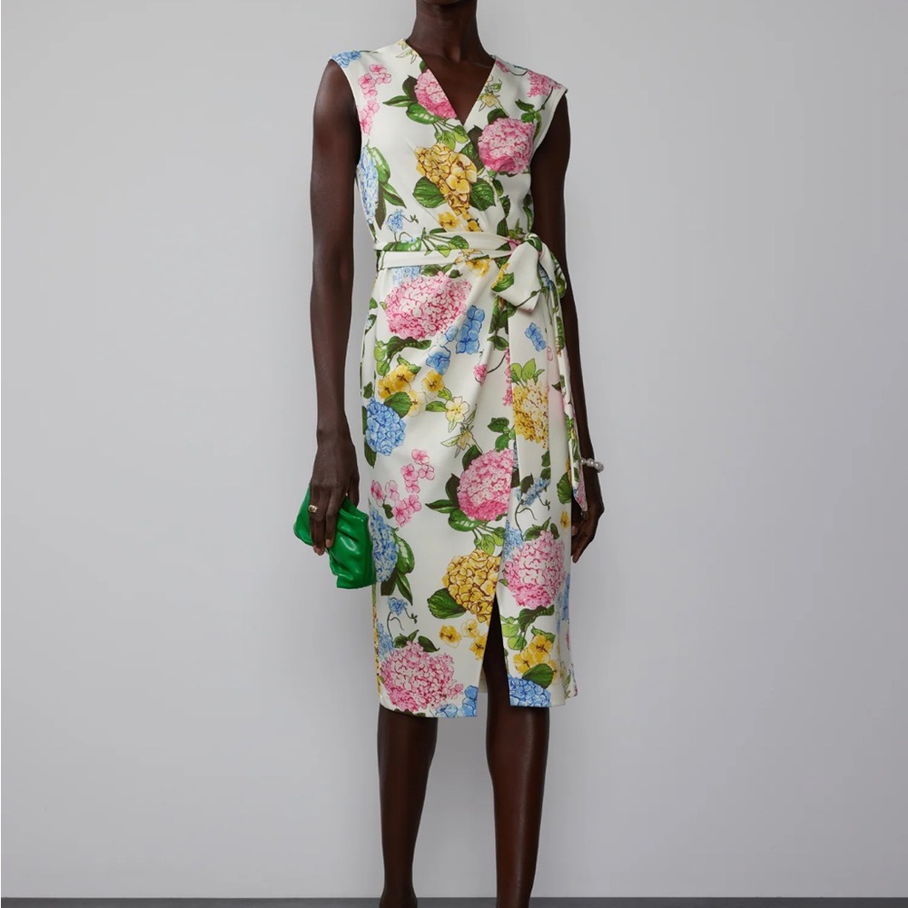 NWT New York & Company Ivory Pink and Yellow Floral Print Wrap Midi Dress sz XL